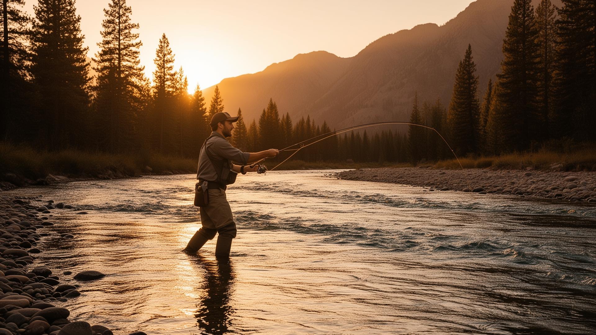 Fly fishing a Utah mountain river at sunset
