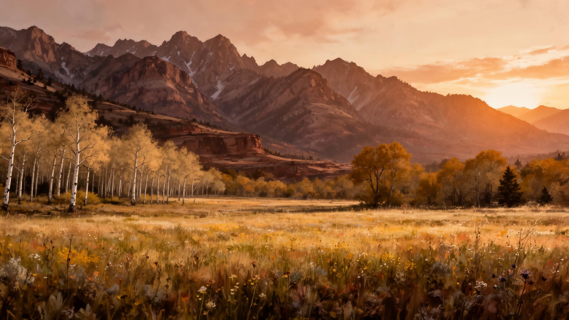 Wasatch range and aspen meadow at sunrise